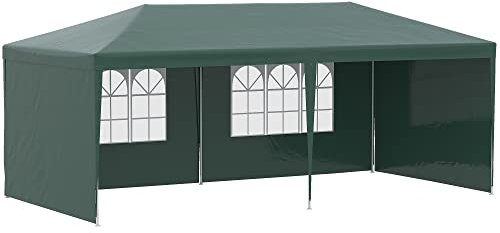 Outsunny Carpa de Jardín 6x3 m Pabellón con 4 Paredes Laterales y 2 Ventanas Visibles Anti-UV Impermeable Cenador Gazebo de Exterior con Marco de Acero para Fiestas Eventos Bodas Verde