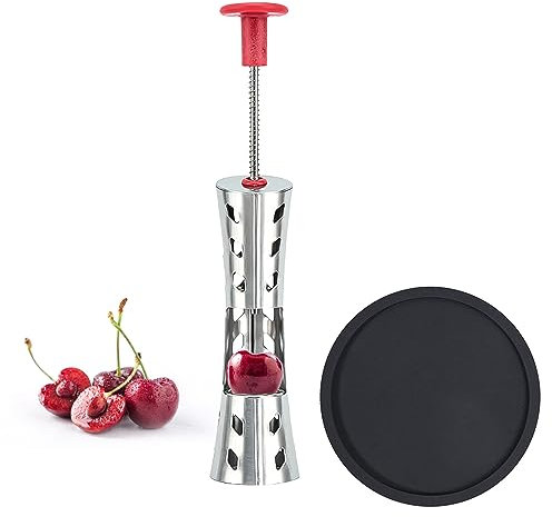 Dénoyauteurs de Cerise, Dénoyauteur à olives et cerises en acier inoxydable 304 de qualité supérieure avec Un tapis en silicone noir Dénoyauteur de Fruits pour Faire la Cerises Confiture,Gelée