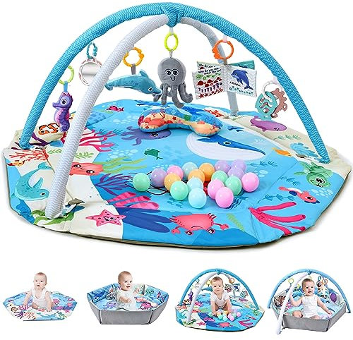 TFDER 8-in-1 Baby Spieldecke mit Spielbogen, Multifunktionsspielbogen für Neugeborene mit Bällebad und mit abnehmbaren sensorischen Spielzeugen, Krabbeldecken für Babys ab 0+ Monaten(Blau)