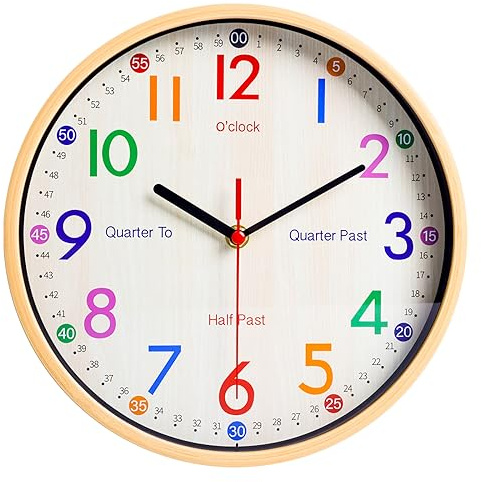 JoFomp Learning Clock for Kids | 10 inch Telling Time Teaching Wall Clock, Silent Non-Ticking Quartz Decorative Wall Clock for Teacher's Classrooms or Children's Bedrooms (Yellow)