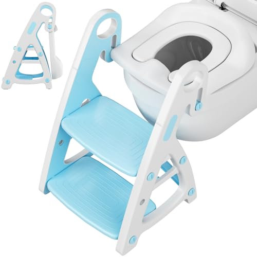 Toilettensitz Kinder mit Treppe, Baby Toilettensitz 2 in 1 mit Tritthocker, Dreiecksständer, Stabiler Töpfchen-trainer mit Verstellbarer Trittstufe & Sitzhöhe, PU Gepolstert, Vergrößerte Stufen, Blau