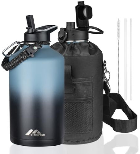 StarSpeed One Gallon Insulated Water Bottle with Straws & 2 Lids, 128oz Stainless Steel Double Walled Vacuum Water Jug, Large Wide Mouth with Paracord Handle for Gym Camping Hiking, Indigo Black