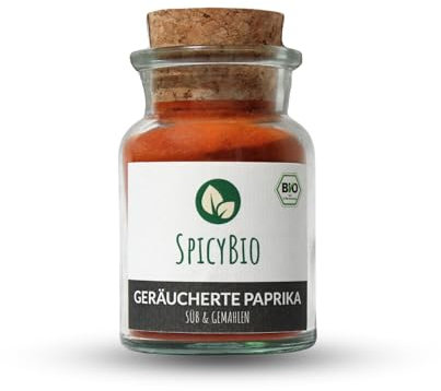 SpicyBIO Geräuchertes Paprikapulver BIO | 100% Rein | Edelsüß & Fein Gemahlen | 90 gramm | Traditionell geräucherter Paprika aus Spanien | Gewürz für Fleisch Fisch & mehr | im Glas