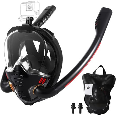 Schnorchelmaske Erwachsene, Doppelrohre Tauchmaske Schnorchelmaske Vollmaske Anti-Fog und Anti-Leck-Technologie, 180° Sicht mit Abnehmbarer Kamerahalterung Taucherbrille für Jugendliche (Schwarz)