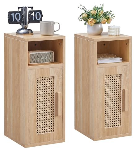 OCTTZ Mesitas de Noche de Ratán Juego de 2, Mesa Auxiliar Bohemia con cajón Abierto, Mesilla de Noche Estrecha Dormitorio, para Dormitorio, Oficina, Salón