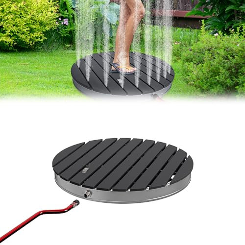 LARS360 Douche de jardin - Douche de sol - Aluminium et WPC - Douche extérieure mobile - Douche de sol - Antidérapante - Hauteur de fontaine réglable jusqu'à 4 m (rond, anthracite)