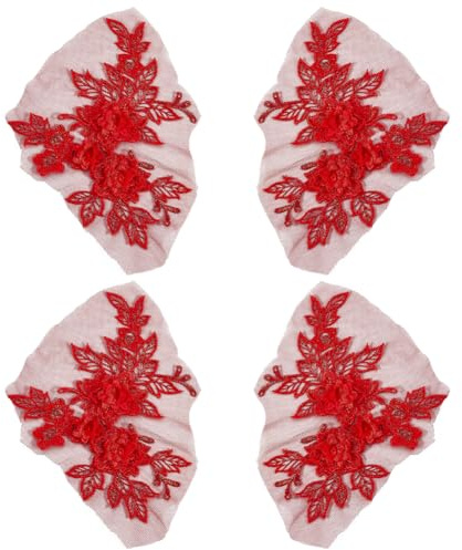 CABODYALS 2 Paio e 4 Pezzi di Toppe in Pizzo Ricamato Floreale Rosso Vintage con Fiori 3D da Cucire su Applicazioni in Poliestere Ricamate Solide per Cucire Realizzare Vestiti Accessori per La Casa