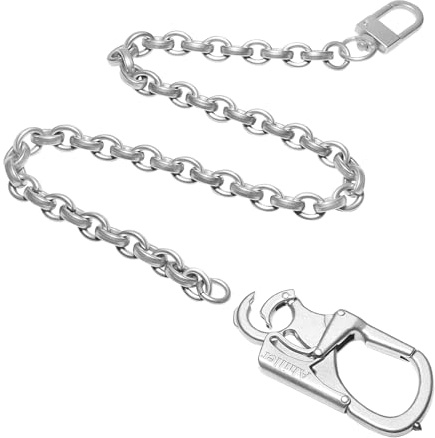Ahiller Catena pantaloni Catene portafoglio in acciaio inox per uomo e donna 64 cm Moschettone con doppia chiusura Portachiavi con attrezzo per rompere i finestrini in acciaio al tungsteno,Argento-BK