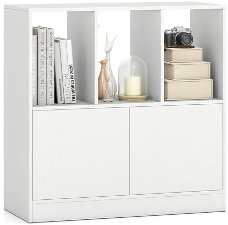 COSTWAY Librería de 3 Cubos con Puertas, Estantería Libros de 3 Niveles con Compartimentos Abiertos y Armario, Librería Estantería Madera Salón Oficina Dormitorio, 70 x 30 x 70 cm (Blanco)