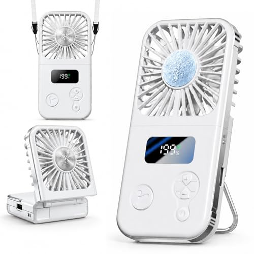 SINOTE'CA Ventilatore Portatile con Piastra Fredda, Pieghevole, USB Ricaricabile, 5 Livelli di Velocità, Ventilatore da Collo e da Tavolo, con Funzione Power Bank