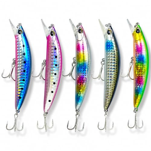 5 Sjunkande Minnowbeten, 90 mm 26,3 g for Långa Kast vid Havsfiske | Reflekterande Fjällfinish med 3D-Ögon, Rasselkulor och Dubbla Trekrokar for Abborre och Asp i Kustvatten