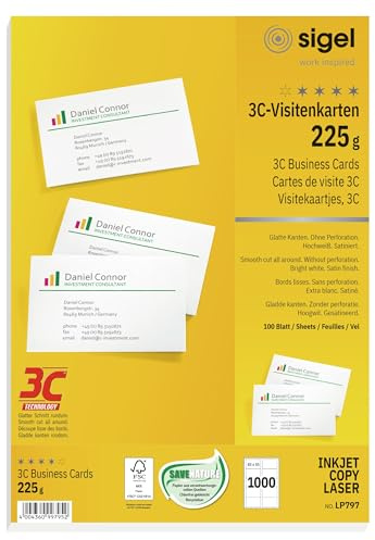 Sigel LP797 Tarjetas de visita, 3C, imprimible, 85x55 mm (A4), 225 g, 1000 unds, 100 hojas