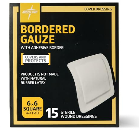Medline Bordered Gauze, 6 x 6 Adhesive Island Wound Dressing, Sterile, 15 Count