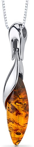 PEORA Genuine Baltic Amber Designer Drop Pendant Necklace for Women 925 Sterling Silver, Rich Cognac Color Marquise Shape, with 18 inch Chain, Real Baltic Amber Necklace for Adults, w/Jewelry Box