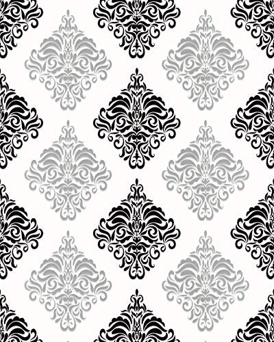 Papier peint baroque EDEM 85024BR20 papier peint vinyle lisse avec des ornements et des accents métalliques blanc noir argent 5,33 m2