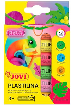 Jovi Plastilin, leicht formbare Modelliermasse für Kinder ab 2 Jahren, 6 Neon-Farben je 15g