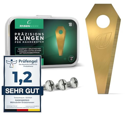RASENWERK® - Hochwertige Mähroboter Messer mit passenden Schrauben - Universal Ersatzklingen Ersatzmesser für Bosch Indego - Titancarbid legierte Klingen - Rasenroboter Messerset – 18 Stück