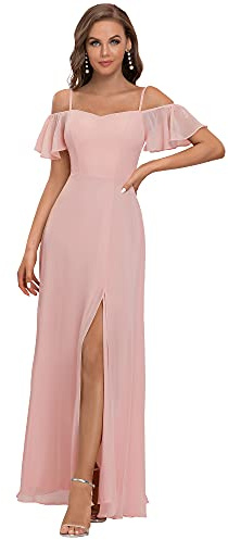Ever-Pretty Abito da Sera d'Onore Lunghi in Chiffon con dalla Spalla in Stile Impero a Maniche Corte da Donna con Spacco Laterale Rosa 40EU