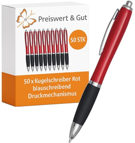 Preiswert & Gut 50x Kugelschreiber Druckkugelschreiber Set Kulis 14 cm schwarz rot Kunststoff Stahl mit Großraummine blauschreibend taillierte Schaftform