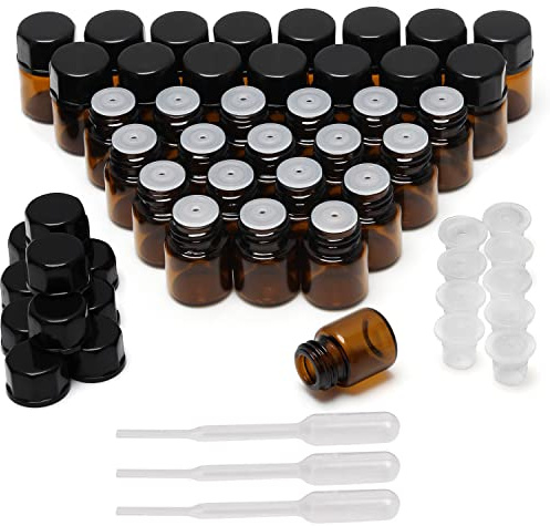 Belle Vous 50-Pack Provflaskor för Eteriska Oljor - 1 ml Bärnstensfärgade Glasflaskor med Insatser - Påfyllbara Flaskor med Svarta Lock & Pipett för Oljor, Essens/Parfym, Kemikalier och Aromaterapi