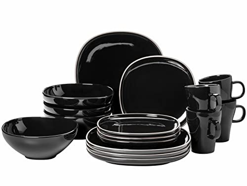 MÄSER 934043 Serie Isora, Set di stoviglie moderne per 4 persone, con forme squadrate, senza bordi, servizio combinato da 16 pezzi, in ceramica di alta qualità, colore nero