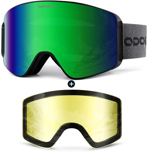 Odoland Skibrille für Damen und Herren Jungen Ski Goggles Anti-Fog UV-Schutz mit Magnetische Wechselglas Snowboardbrille Helmkompatible zum Snowboard Skifahren Schwarz Grün