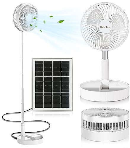 Ventilateur sur Pied solaire Portable Silencieux, 8 Sol/Table Basse Consommation Ventilateurs, 5200mAh USB Rechargeable Pliable Fans 3 Vitesses, Réglable en Hauteur, pour Chambre, Bureau, Voyage