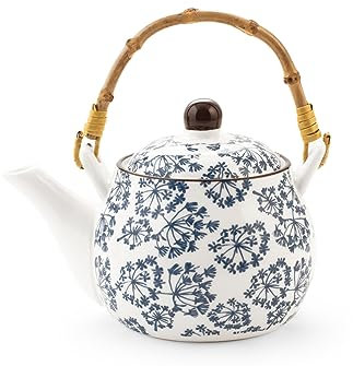 H&H Seta Teiera in Porcellana, con Manico in Bambu' Estraibile, Decori Assortiti, 500cc, Blu e Bianco