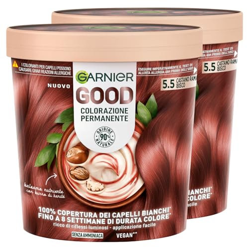 Garnier Good Tinta Colorazione Permanente Fino a 8 Settimane Colore Brillante e Luminoso Copre il 100% dei Capelli Bianchi Formula Vegana Senza Ammoniaca 5.5 Castano Ramato Ibisco - 2 Confezioni