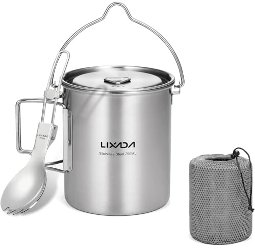 Lixada Camping Water Cup with Foldable Handles and Lid 750ml Stainless Steel Mug Hanging Pot for Camping Hiking Backpacking Picnic