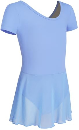 HIPPOSEUS Filles Justaucorps de Danse Robe de Ballet pour Enfants Manches Courtes Justaucorps de Ballet Gymnastique, 7023-Bleu,8-9 Années