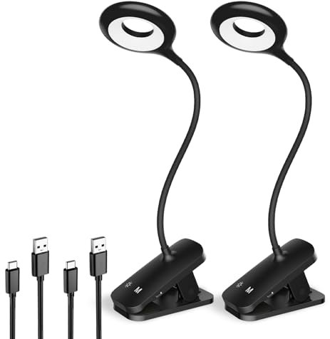 HECDSTLY 2 Pack Clip on Reading Light for Bed, Battery Rechargeable Large Clamp Lamp - 5 Colors 5 Brightness, Flexible Arm Book Light at Night for Kids Bunk Desk Metal Frame