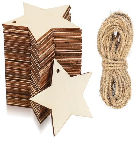 40 Pz Stelle di Decorativo, Stelle Decorativi Fai Da Te, Stelle in Legno, Legno con Foro per Artigianato Intaglio Incisione Laser Pittura, con Corda di Iuta 5M