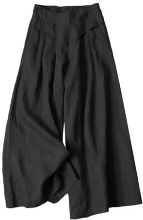 DayaEmmoTQ Culotte Effet Lin et Coton pour Femme - Pantalon Ample et Fluide avec Ceinture Élastique, Pantalon Palazzo Taille Haute avec Poches