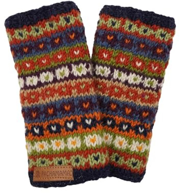 Pachamama Women Wool Hand Wrist Warmers Fleece Lined Handknitted Flecked Stripe Blue Multicoloured One-Size Handmade Thermal Extra Warm Fair Trade