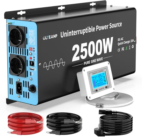 OLTEANP 2500W Wechselrichter12V auf 230V Reiner Sinus,Spannungswandler mit Netzvorrangschaltung und ladefunktion und USV Funktion,Fernbedienung mit LCD-Bildschirm, Automatische Umschaltung für Netz