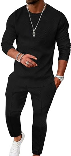UOUA Men's 2 Piece Sweat Suits Set Long Sleeve Sweatshirt Jogging Sweatpants Tracksuits Outfits Black L