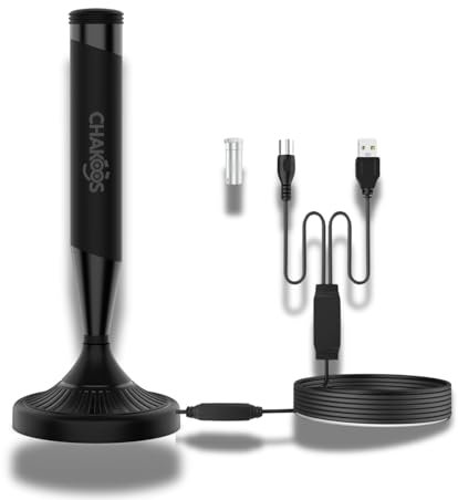 CHAKOOS Indoor TV Aerial with Amplifier – Tv Aerial Indoor Freeview HD/DVB-T2 Signal Booster, Magnetic Base, 3 m Coaxial Cable, VHF/UHF 470–862 MHz, Low-Noise Amp + 4G/5G Filter
