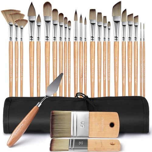 Pinceles Pintura Acrilica Profesionales - 26 Piezas Premium Pincel Sintética de Artista para Acrilica, Gouache, Óleo con Bolsa Organizador, Cuchillo de Paleta | Sin Pérdida de Cabello | Pinceles Oleo