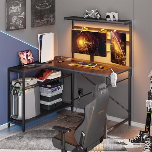 Bestier L-förmigen Schreibtisch mit Steckdosen & LED-Leuchten Compact Corner Desk mit Regalen Reversible Computer-Schreibtisch mit Haken für Home Office Schlafzimmer