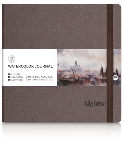 Lightwish Diario cuadrado de acuarela, 100 % algodón, prensa en frío, cuaderno de bocetos de papel de acuarela de 7.4 x 7.4 pulgadas, 20 hojas (140 libras/300 g/m²), sin ácidos para acuarelas,