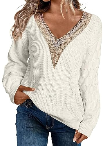 pull femme chic et elegant col v pullover tricoté torsade à la mode pull hiver chaud large en dentelle chandail manche longue thermal décontracté pull fin femme col en v sexy decolleté (White, M)
