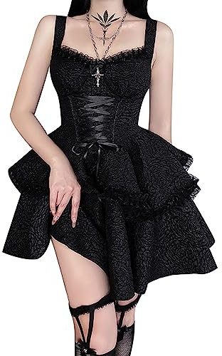 FDKLOOK Womens Lace-Up Jacquard Geometric Double Layered Ruffles Gothic Dress Vintage Y2k Mini Party Dresses Black M