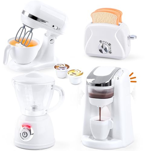 PLAY Ustensile Cuisine Enfant Accessoire avec Cafetiere, Mixer, Blender et Grille Pain Jouet avec Eclairage et Son Réalistes, Set de Cuisine Jouet pour Enfant 3+ Ans (Blanc)