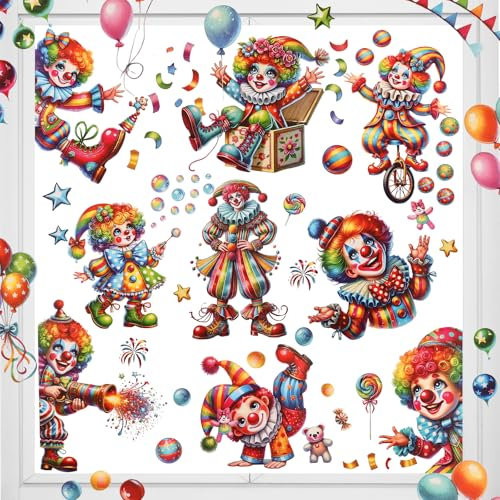 AUAUY 9 Sheets Carnival Window Decoration, Self-Adhesive Clown Window Stickers, Reusable Static Clings Stickers, Clown Window Film for Carnival Outdoor Indoor Bar Room Window Decoration