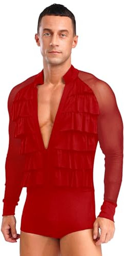 Fldy Herren Latein Tanz Hemd Langarm Rüschen Mesh Patchwork Body Einteiler Jazz Ballsaal Tanzkostüm Leotard Rot XL