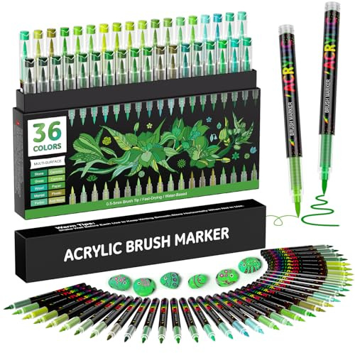 Sonlaryin 36 Colours Acrylic Paint Pens, Acrylic Markers for Rock Painting Ceramic Glass Stone Metal Fabric, Water-based Paint Markers with 1-5MM Flexible Brush Tip for Christmas, Halloween - Green