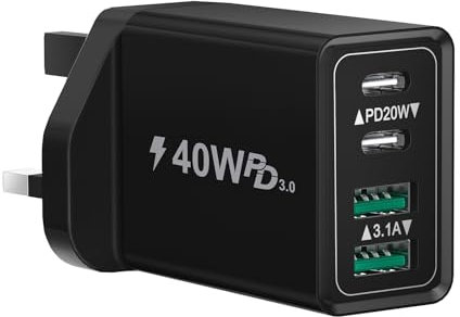 USBC Plug, 40W 4-Port USB C Charger Plug Fast Charge Dual Port PD Power Adapter + QC Wall Charger, Multi USB Plug Charger UK Type C Charging Plug for iPhone 16 15 14 13 12 11 Pro Max, iPad, Samsung