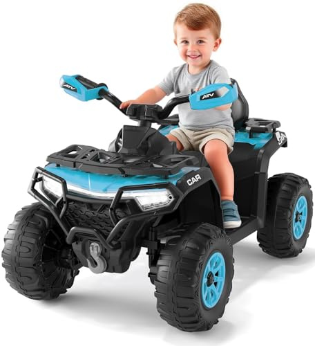 Garvee Quad Eléctrico Niño 12V, Coche Eléctrico 4 Ruedas Todoterreno con 2 Motores, Mando a Distancia Parental, Suspensión, Faros LED, Música, Bluetooth, USB, Bandera Luminosa, 3-6 años, Azul Verdoso