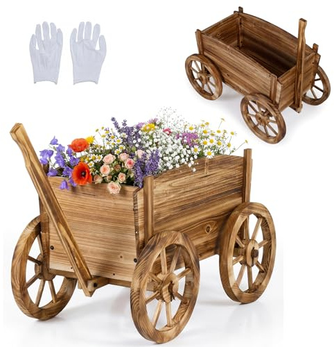 HOMASIS Carriola da Giardino in Legno, Porta Piante a Forma di Carro con Manico Regolabile e 4 Ruote, Decorazione Giardino per Esterno Vintage con Foro di Scarico, 78 x 45 x 72 cm